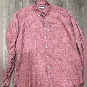Mens Barbour Tailored Slim Fit Size Large 100% Linen Light Wash Red Button Shirt